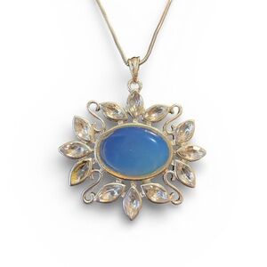 Sterling Silver Rainbow Moonstone Pendant Necklace Sunburst Halo Design